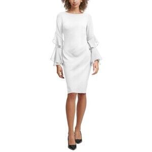NEW CALVIN KLEIN Women's White Zippered  Ruffled Sleeves Lined Boat Neck 10